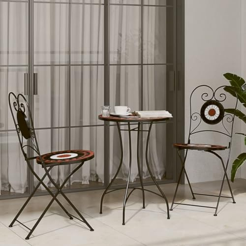 Tonture Ensemble bistro mosaïque rouge terre cuite et blanc, 2 chaises et 1 table pliante pour jardin, balcon, terrasse, extérieur