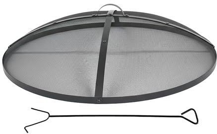 Relaxdays Protector antichispas para brasero, Incl. atizador, Rejilla Redonda de Acero, asa, diámetro 90 cm, Negro
