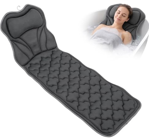 SUNNYNEST Full Body Bath Pillow Mat & Non-slip Cushion, Bathtub Pillow | 5D Air Mesh and 16 Powerful Suction Cups, Ergonomic Design Support Head Neck Back for Home Hot Tub Relaxing Spa Fits (Grey)