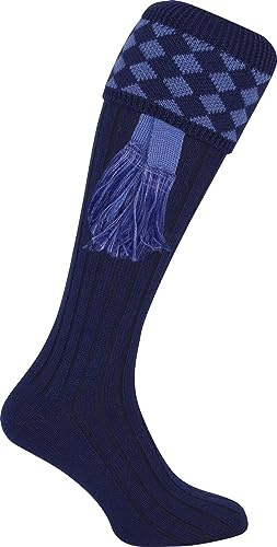 JACK PYKE Harlequin Mens Shooting Socks with Garters – Durable Knee-High Hunting Socks for Country Sports & Outdoor Wear – 30% Wool / 70% Acrylic – Argyle Pattern – UK Size 8–11 - Navy/Light Blue