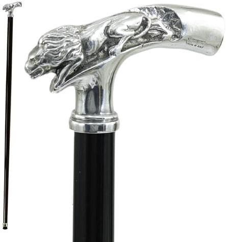 CAVAGNINI Canne da Passeggio Leone di Lusso Artigianale Italiano Legno Laccato Scelta 5 Colori Lunghezza su Misura Impugnatura Peltro Lucido Finitura Argento Incisione Nome Regalo Pensionato