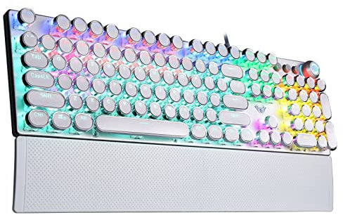 AULA F2088 Typewriter Style Mechanical Gaming Keyboard Blue Switch, with Removable Wrist Rest, Media Control Knob, Rainbow Backlit, Retro Punk Round Keycaps, 108 Keys Wired Computer Keyboard, White