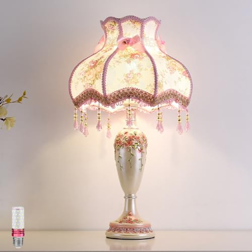 Aeyee Lovely Table Lamp with Fabric Lampshade, Antique Flower Decorative Bedside Desk Lamp, Handmade Night Light for Bedroom Nightstand
