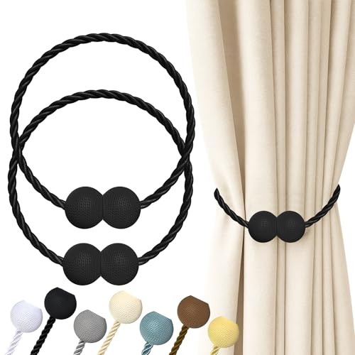 Hion Magnetic Curtain Tiebacks Black 2pcs, Curtain Tiebacks Buckles Holdbacks Holders Hooks Clip for Home Outdoor Bedroom Office Decorative Curtain