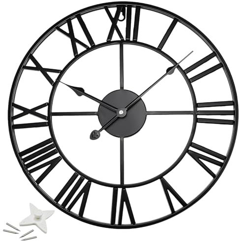 Black Metal Wall Clock for Garden, Large Wall Clocks for Living Room, Silent Non-Ticking Roman Numerals Wall Clock for Indoor & Outdoor, Vintage Look Clock for Bedroom, and Kitchen – Large 60 cm
