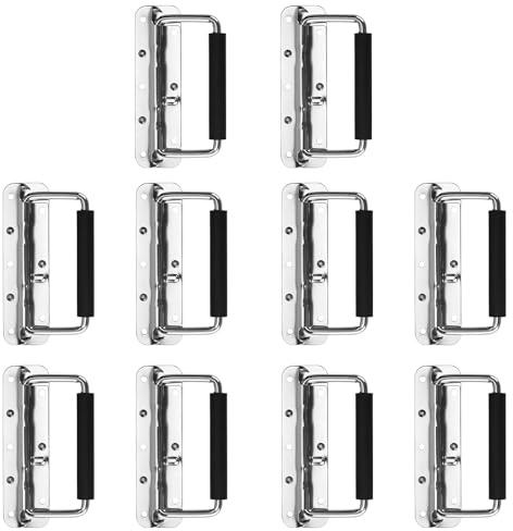 Bhina 10 Pièce Poignée Pliante Poignée de Caisse en Acier Inoxydable Poignées Caisse Pliante Poignée Pliante à Ressort Avec Poignée en Caoutchouc, pour Remplacement de Boîte à Outils (14cm)