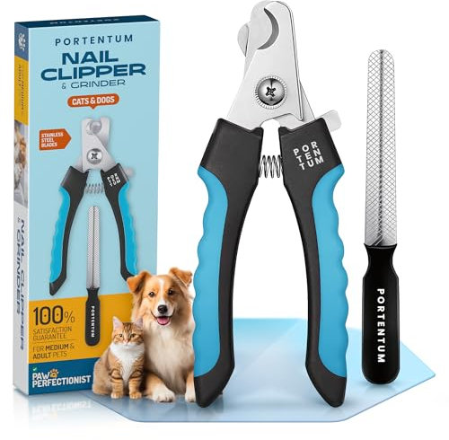 PORTENTUM Krallenschere für Hunde und Krallenschere für Katzen mit Nagelfeile Edelstahl Krallenzange Hohe Qualität Schneider für Haustiere Nagelknipser groß Mit Sicherheitsschutz 6” Zoll