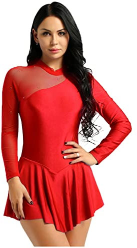 CHICTRY Eiskunstlauf Kleid Damen Langarm Strass Glitzer Tanzkleid Mit Cut Out Mesh Patchwork Body Rolkragen Trikot Asymetrisch Wickelrock Tanzkostüm Rot M