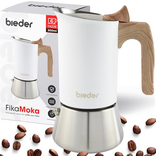 bieder - Cafetera Italiana Induccion - Cafetera italiana 6 tazas de acero inoxidable apta para todo tipo de cocinas. Diseño nórdico premium, resistente y fácil de limpiar.