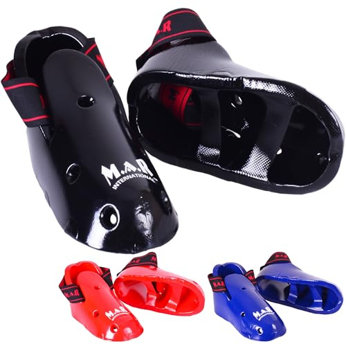 MAR | Martial Arts Foot Protector for Taekwondo Karate Kickboxing, Muay Thai, K1 | Vinyl Dipped Foam Kick Boots Elasticated Toe Loops & Secure Strap Men, Women & Kids Red, Black Blue