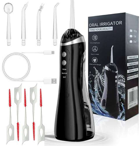 Idropulsore con 5 livelli di pressione, impermeabile IPX7, ricarica portatile USB di tipo C, serbatoio dell'acqua da 300 ml, rotazione a 360° 4 ugelli per cura dentale, pulizia dei denti, igiene