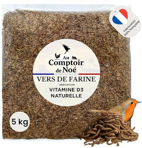 vers de Farine Séchés Français, 5kg (32,5L), 100% Naturel, Enrichis en Vitamines D3, Insectes Riches en Protéines et Bonnes Graisses, Nourriture Oiseaux Sauvages, vers de Farine Au Comptoir de Noé