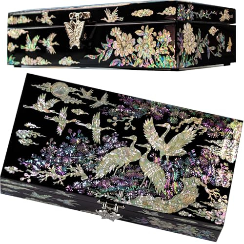 BinNADA Joyero oriental tradicional lacado negro, organizador y almacenamiento vintage de madera, caja de recuerdo grande para anillos para mujer, soporte para aretes
