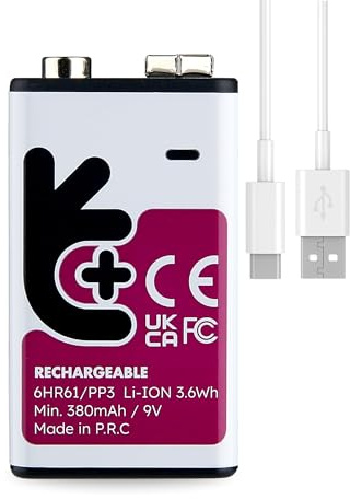 Uniross Batería recargable PP3 de 9 V mediante cable USB-C. Batería de litio de larga duración, para detectores de humo, alarmas, teclado, micrófonos