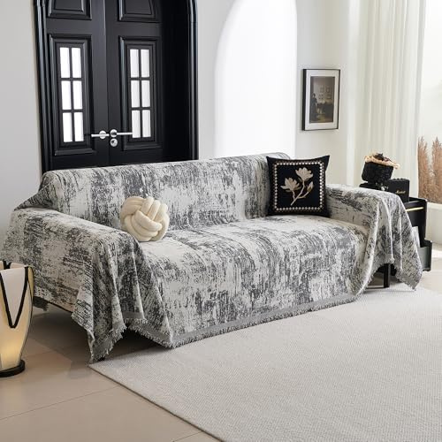MYSKY HOME Sofabezug 3 Sitzer - Chenille Sofa Überzug L Form, Geometrische Abstrakt Sofa Bezug, Sofaschoner Waschbar, Überwurfdecken für Sofa Schutzdecke, 180 x 300cm，Dunkelgrau