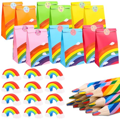 peiyee Set de 36 Pcs Crayons de Couleur Arc-en-ciel, 12 Sacs en Papier Arc-en-ciel,12 Crayons de Couleur Arc-en-ciel,12 Gommes Arc-en-ciel,Autocollants Smileys,Pour Fête d'Anniversaire,Noël,Halloween
