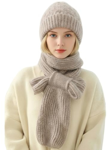 Integrated Ear Protection Windproof Cap Scarf,Warm Ear Protection Knitted Hat for Women,Stretchy Knitted Scarf Hat (Oatmeal White)