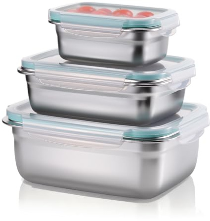 MICHIHOMIE 3 Piezas Tupper Acero Inoxidable Microondas, 350ml + 850ml + 1800mk Fiambrera Recipiente Hermetico, Apto para Microondas, Horno, Congelador y Lavavajillas, Hermético, sin Bpa