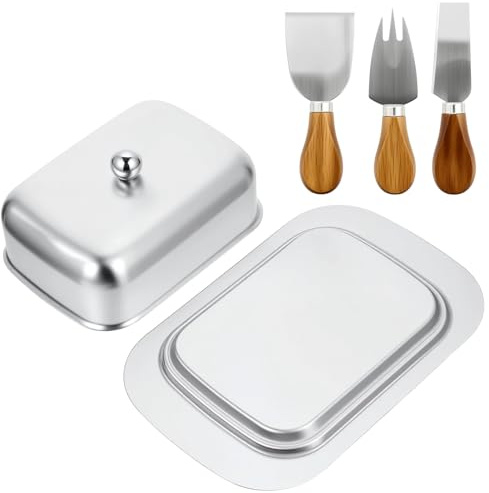 Smörburk rostfritt stål med lock och handtag, smörklocka smörskål med kniv, gaffel, smörskiva, diskmaskinssäker, ostbrödlåda, smör dish för smör ostkaka (18,5 x 12,2 x 6,7 cm)