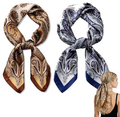 2PCS Bandanas for Women Set, Silk Head Scarf, Bandana Headband, Hair Scarf | Brown, Blue, 70cm Square, Multifunctional, Lightweight Fabric, Breathable, Scarf, Wearing Accessories, Refreshing, Elegant