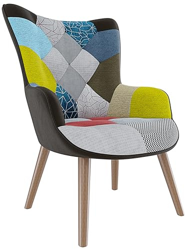 EGLEMTEK Kusofa - Poltrona Patchwork Memory Foam con Braccioli. Imbottita con Schienale Alto E Piedi in Legno, Design per Ufficio, Studio, Salotto, Soggiorno, 76 x 68 x 98 cm (Multicolore)