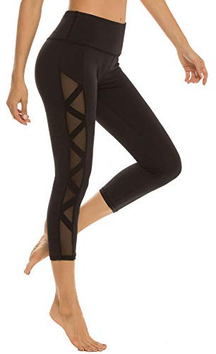 romansong Damen Mesh Leggings Yoga Hose mit Tasche Nicht Durchsichtig Capri Hohe Taille Bauch Kontrolle 4-Wege-Stretch - Schwarz - Mittel