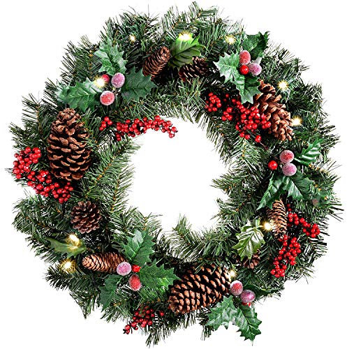 Vacclo Natural Pine Cone and Berry Decorated Pre-Lit Wreath Christmas Decoration Illuminated with 10 Warm White LED Lights, 40 cm - Red.