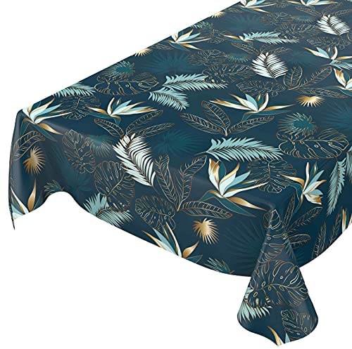 ANRO Wachstuchtischdecke abwaschbar Garten Tischdecke Wachstuch Rund Oval Eckig Indoor Outdoor Blätter Gold Blau 160x140cm