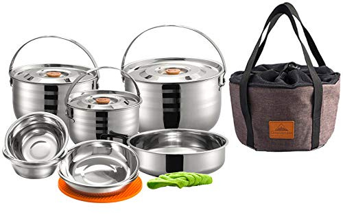 CAMPINGMOON MC240 - Set di pentole da campeggio in acciaio inox per esterni, kit di pentole e padelle, ciotole con borsa per il trasporto