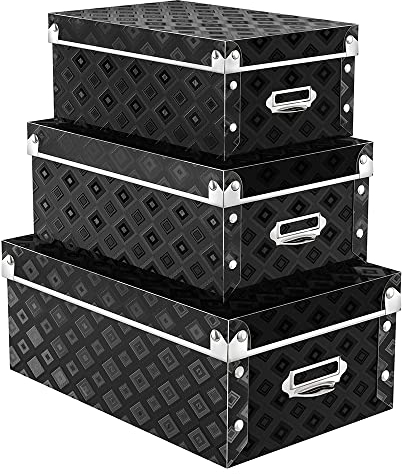 XUCHUN Storage Box with Lids (Black), Set of 3 Waterproof Foldable Plastic Box Multiple Sizes for Socks/Office
