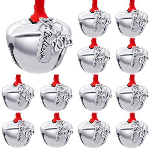 2025 Believe Christmas Bells, 12 Pieces Santa Claus Sleigh Bells Father Jingle Bell Christmas Eve Box Filler Christmas Tree Home Decoration (Silver, 1.4inch/35mm)