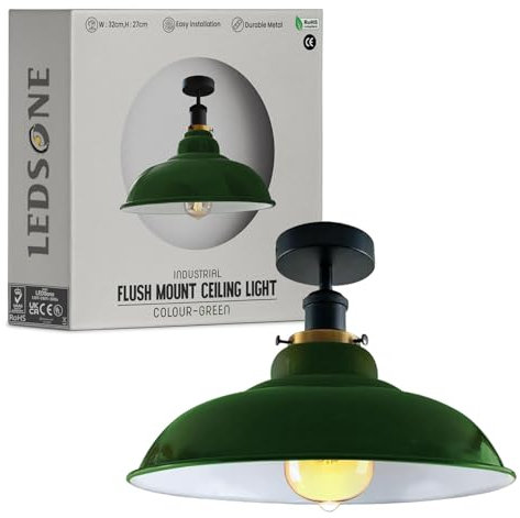 LEDSone Lampada da soffitto retrò vintage con rosone e portalampada in metallo retrò antico Edison E27 IP20 Lampada a vite cablata (Verde)