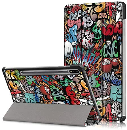 XFDSFDL® Schutzhülle für Samsung Galaxy Tab S7 FE SM-T730/T733/736 (12,4 Zoll) Ultra Dünn PU Leder Hülle Flip Cover Graffiti Muster mit Tri-Fold Ständer Auto Aufwachen/Schlaf Ledertasche, 06