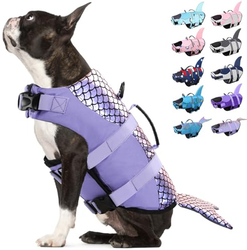 Bess Bridal Dog Life Jacket - Mermaid Life Vest for Swimming Boating - Pet Lifejacket Swimsuit with Rescue Handle - High Flotation Lifesaver Preserver for Small Medium Large Dogs, Purple Mermaid M