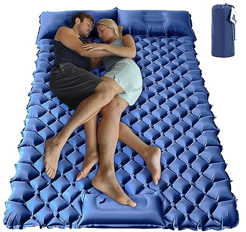 Schlafmatte Outdoor Camping Isomatte Selbstaufblasend Luftmatratze Ultraleicht Tragbar Anti-Ripstop Verdickte Schlafmatte mit Kissen & Fußpresse Pumpe Aufblasbare Camping-Pad (Doppelt Blau)