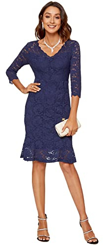 Atnlewhi Damen 3/4 Ärmel Kleid V-Ausschnitt Formeller Abend Bodycon Knielang Vintage Spitzenkleid Elegante Cocktailkleider - Dunkelblau - M