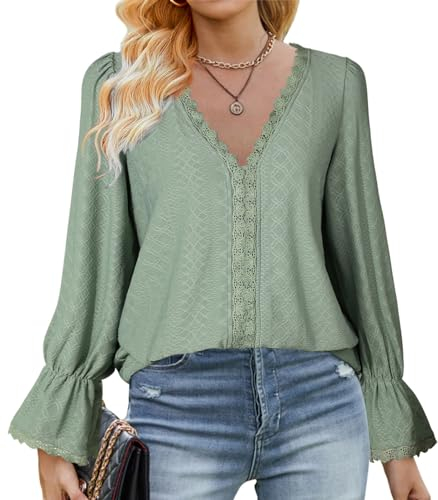 Zetieny Damen Bluse V-Ausschnitt Oberteile Elegant Tunika Langarm Spitzen Top mit Laternenärmeln Locker T-Shirt für Ladies