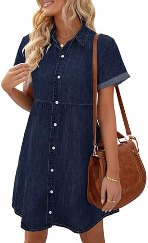 Vetinee Robe nuisette décontractée en jean à manches courtes boutonnée pour femme