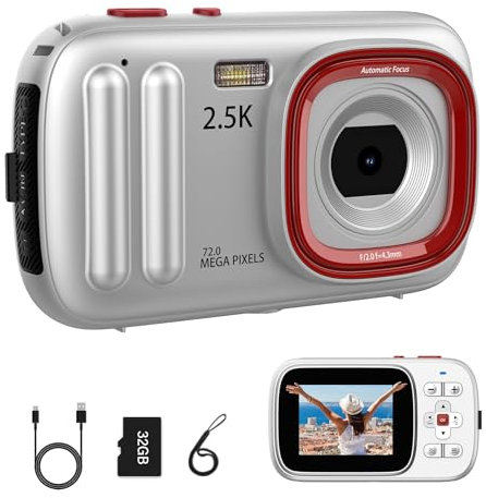 Camara de Fotos Digital 48MP Camara Digital 2.5K con Tarjeta SD de 32GB, Admite Zoom 16X, Adecuado para Niños de 4 a 15 Años, Principiantes en Fotografía y Estudiantes Adolescentes (Plateado)
