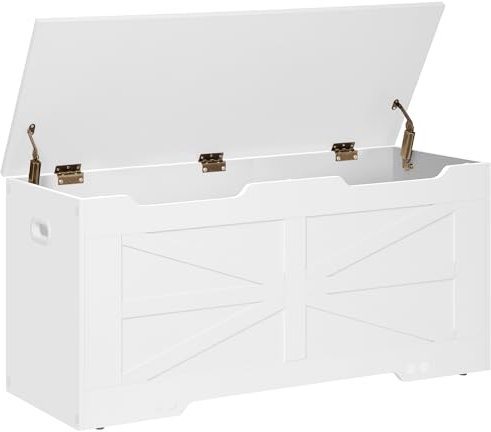 Hzuaneri Storage Chest, Storage Bench, Wooden Blanket Box Trunk with 2 Hinge, Lift-Top Organizer Chest, Shoe Bench for Hallway, Bedroom, Living Room, 40 x 100 x 48 cm, White SB03403X