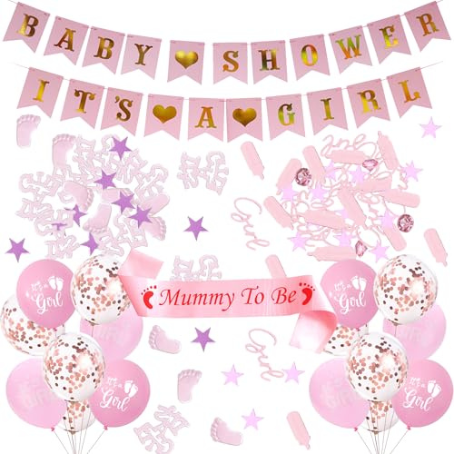 Baby Shower Decorations Balloons Girl - 20 Pcs Pink It Is A Girl Banner Shoulder Strap Glitter Confetti Latex Balloon for Baby Girls Shower Gender Reveal Party Birthday Decor Supplies