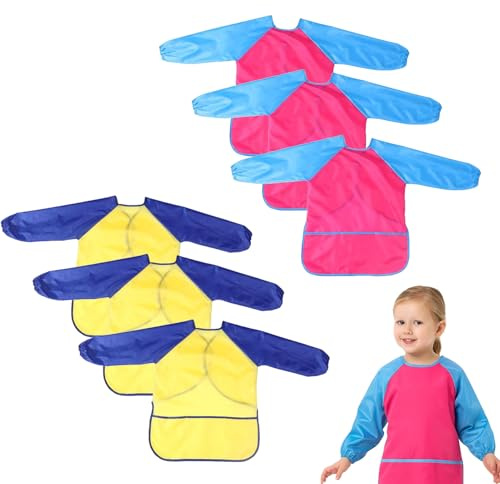 Girihe 6 PCS Childrens Aprons for Painting, Painting Apron Toddler 2-4 Waterproof Children Toddler Art Smock Kids Paintting Apron for Paintting Cooking Eating Arts and Crafts