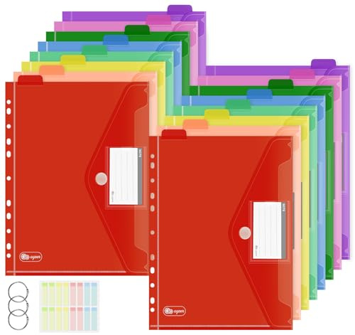 Agoer Lot de 16 Pochettes Perforées en Plastique A4+ avec Index Latéral, 11 Trous avec Fermeture Auto-agrippante et 3 Anneaux Métalliques, Dossiers Multicolores pour L'école, le Bureau, la Maison