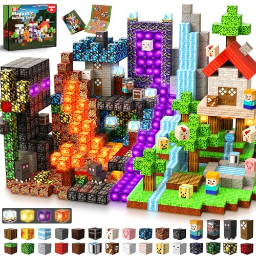 GraceDuck Construction Magnetique Enfant Set Forêt et Portail 200 Pièces - Lave et Rochers - Cube Magnétiques Créatifs Jouet de Construction Magnétique Montessori 3+ Ans - Magnetic Blocks Cadeau STEM