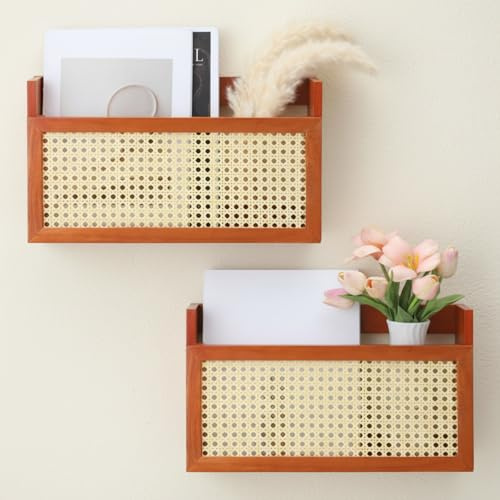 Kathfly 2 Pcs Natural Rattan Wall Shelf Wood Hanging Bookshelf Rattan Grid Wall Mounted Shelf Wooden Magazine Rack Boho Decorative Floating Shelves for Home Office Decor