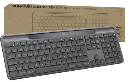 Logitech Signature Slim Solar+ K980 for Business, kabellose Tastatur, leises Tippen, sicherer Empfänger, Bluetooth, Windows, Mac, QWERTZ DEU – Graphit