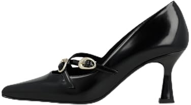 Lodi Zapatos de Salón para Mujer. Diseño Sencillo y Elegante. Tejido Efecto Piel Brillo. Tiras Cruzadas con Hebillas. Tacón Geométrico de 7 cm. Punta Fina. Interior Forrado en Piel. Planta New Gel. C
