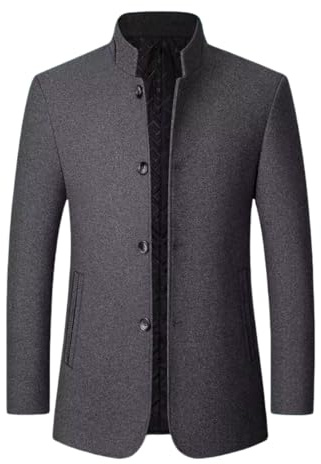 HUIANGLIYG Blazer en Tweed pour Homme, Veste de Costume Vintage en Laine Mélangée À Chevrons, Col Mandarin, Trench Coat Court en Laine, Coupe Slim, Pardessus Simple Boutonnage pour L'Automne et L