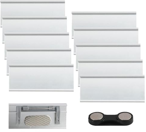 Lote de 10 placas magnéticas para nombre de ropa, de aluminio, con imperdible y clip de bolsillo, 72 x 35 mm, ideal para conferencias, trabajo y restaurante