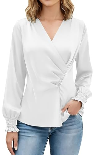 Elegante camicetta da donna a maniche lunghe, camicetta in raso con scollo a V plissettato, elegante camicetta avvolgente, camicetta estiva, bianco, S